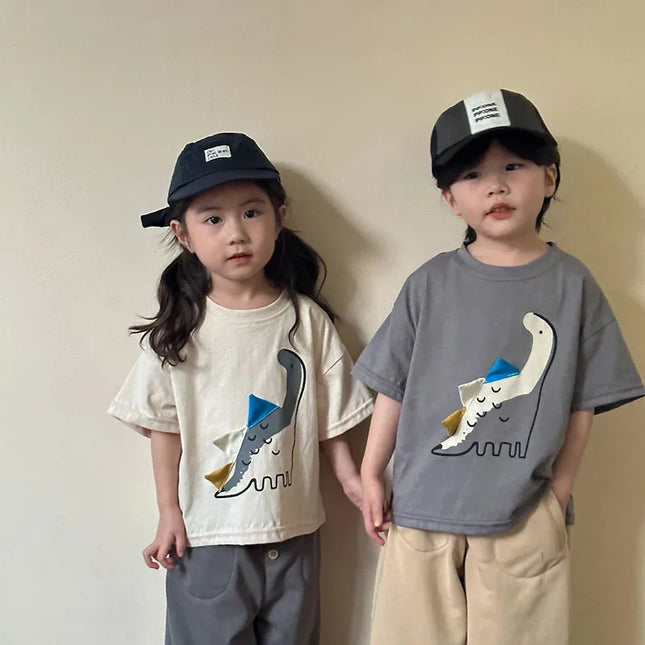 ☺︎ キッズトップス 半袖Tシャツ ダイナソー恐竜アップリケ 2カラー - mamahalo shop - 半袖Tシャツ -  べビー服 - 子供服 - 男の子 - 女の子