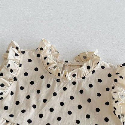 -ベビーロンパース ノースリーブボディスーツ フリルスタンドカラー 無地/水玉ドットプリント 3カラー【mh0006547】 - mamahalo shop - ノースリーブロンパース -  べビー服 - 子供服 - 男の子 - 女の子