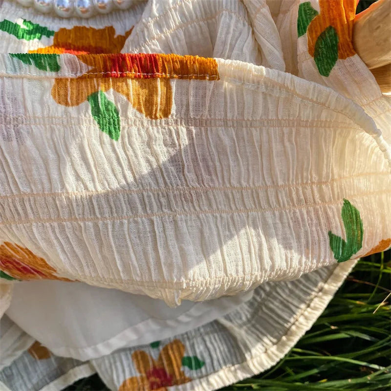 -☺︎ キッズワンピース 半袖パフスリーブワンピース フラワー花柄プリント - mamahalo shop - 半袖ワンピース -  べビー服 - 子供服 - 男の子 - 女の子