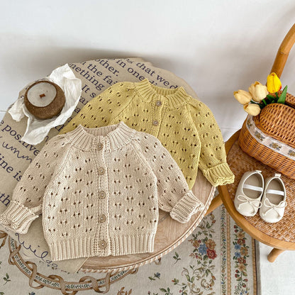 -ベビー カーディガン 長袖 レースニット ルーズ イエローグリーン アプリコット 2カラー ガールズ 女の子 子供服 - mamahalo shop - カーディガン・パーカー -  べビー服 - 子供服 - 男の子 - 女の子