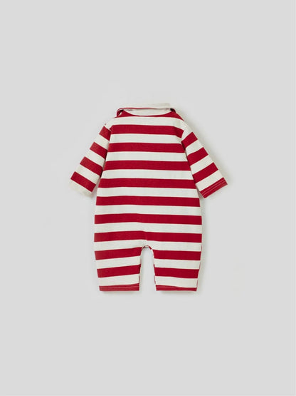 -ベビージャンプスーツ ベアくまワッペンボーダーラガー襟長袖ロンパース 2カラー - mamahalo shop - 長袖ロンパース -  べビー服 - 子供服 - 男の子 - 女の子