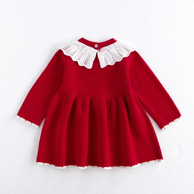 ベビーキッズワンピース レース襟ニット長袖ワンピース レッド - mamahalo shop - 長袖ワンピース -  べビー服 - 子供服 - 男の子 - 女の子