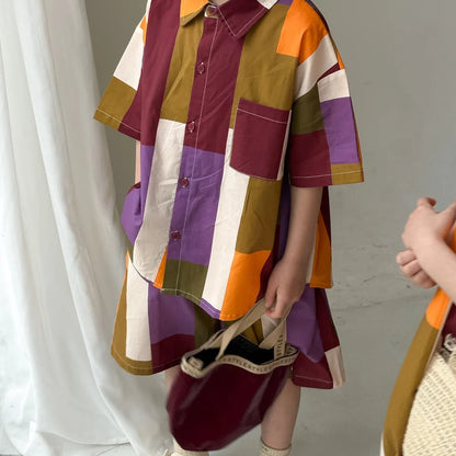 -キッズセットアップ 2点セット/ワンピース ボーイズ半袖シャツ+ショートパンツ/ガールズノースリーブワンピース 幾何学チェック リンクコーデ 兄弟姉妹 お揃いコーデ - mamahalo shop - 半袖セットアップ -  べビー服 - 子供服 - 男の子 - 女の子