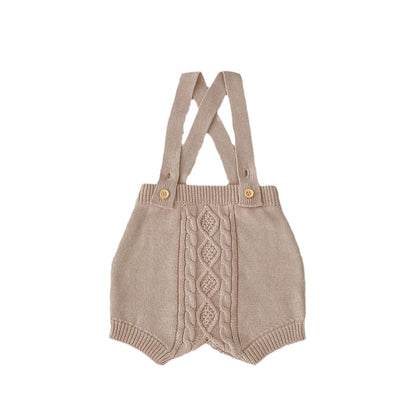 -ベビー アランニット ケーブル編み サスペンダー ニット バルーン パンツ ショートパンツ サロペット ホワイト ベージュ ダークグレー ユニセックス 6999 - mamahalo shop - サロペットパンツ・サスペンダーパンツ -  べビー服 - 子供服 - 男の子 - 女の子