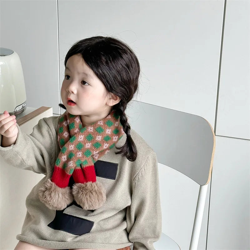 -キッズマフラー ニット ネックウォーマー ぽんぽん付き チェック 10カラー - mamahalo shop - ネックウォーマー -  べビー服 - 子供服 - 男の子 - 女の子