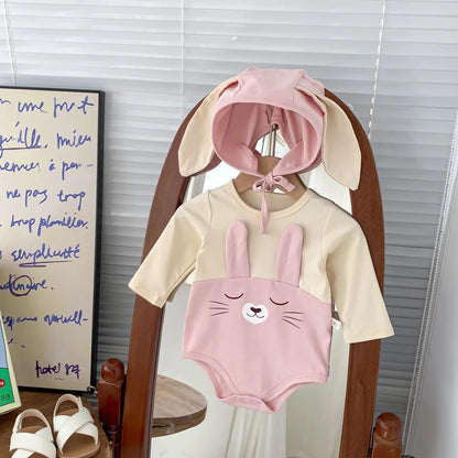 -ベビー うさぎ うさ耳 バニー ドッキング 半袖 ロンパース 耳帽子 セット ピンク アプリコット ユニセックス【mh0001994】 - mamahalo shop - 半袖ロンパース -  べビー服 - 子供服 - 男の子 - 女の子