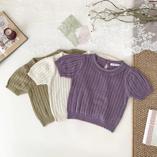 -ベビーキッズトップス レースニット フリル襟 半袖サマーセーター 3カラー - mamahalo shop - 半袖Tシャツ -  べビー服 - 子供服 - 男の子 - 女の子