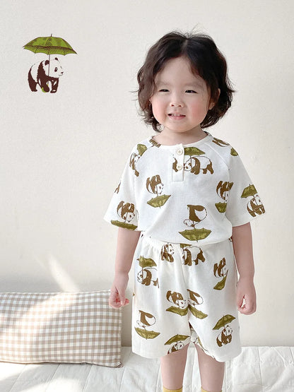 -キッズパジャマセット ワッフル 半袖Tシャツ+ハーフパンツ アニマルプリント柄【mh0004594】 - mamahalo shop - 半袖パジャマ -  べビー服 - 子供服 - 男の子 - 女の子