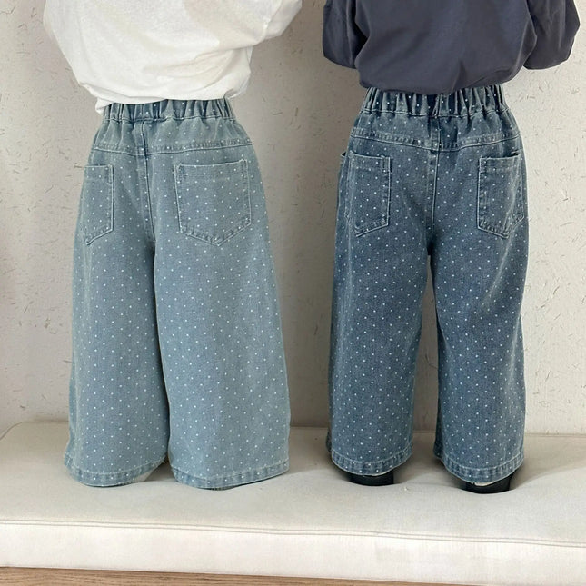 キッズパンツ 水玉ピンドットプリントデニムルーズワイドパンツバギーパンツ - mamahalo shop - デニムパンツ -  べビー服 - 子供服 - 男の子 - 女の子