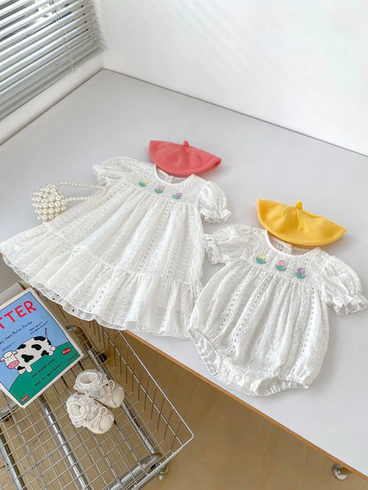 -ベビーロンパース/キッズワンピース 半袖ボディスーツ/半袖ワンピース レース チューリップ刺繍 リンクコーデ 姉妹 お揃いコーデ - mamahalo shop - 半袖ロンパース -  べビー服 - 子供服 - 男の子 - 女の子