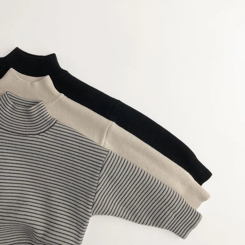 -キッズトップス 無地 ボーダー 裏フリースニットセーター ハイネック ボトルネックカットソー【mh0003577】 - mamahalo shop - ニット・セーター -  べビー服 - 子供服 - 男の子 - 女の子