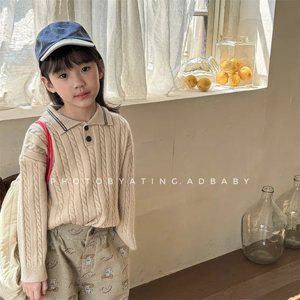 キッズトップス アランニットケーブル編み長袖ポロセーター - mamahalo shop - ニット・セーター -  べビー服 - 子供服 - 男の子 - 女の子