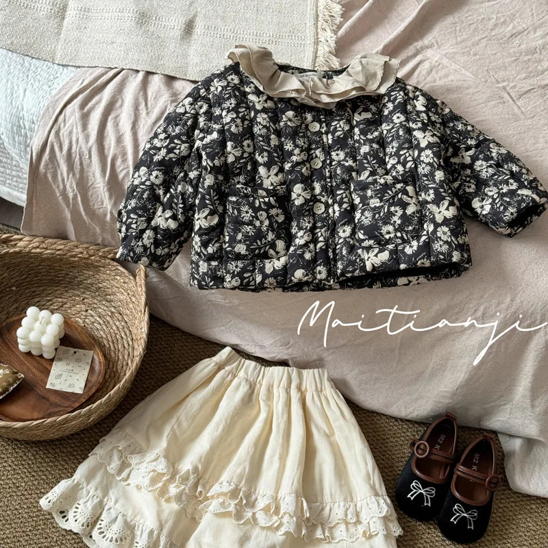 -キッズジャケット/スカート ラッフルカラーフラワープリントパデッドジャケット/ダブルレースフリルスカート - mamahalo shop - 長袖セットアップ -  べビー服 - 子供服 - 男の子 - 女の子