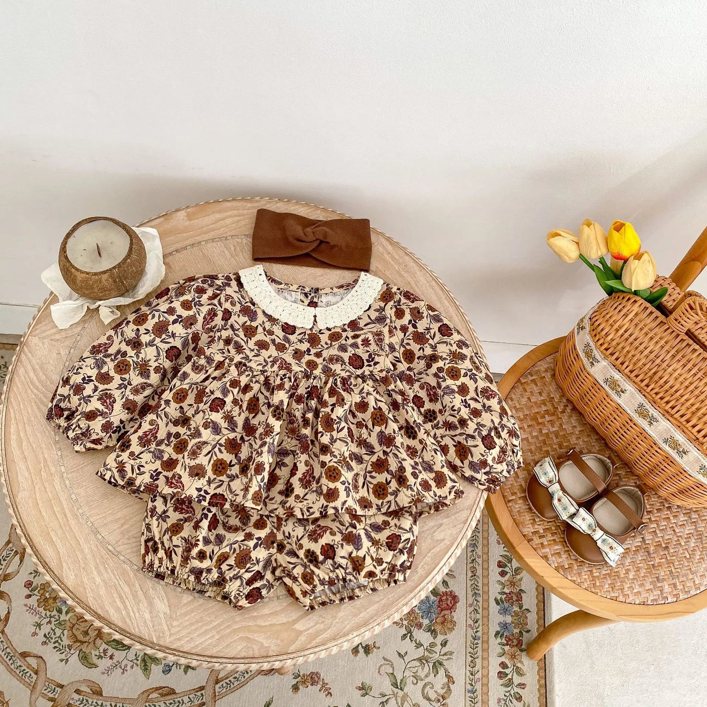 -ベビーキッズセットアップ 2点セット レース襟シックフラワープリント長袖チュニックブラウス+バルーンショートパンツ【mh0007435】 - mamahalo shop - 長袖セットアップ -  べビー服 - 子供服 - 男の子 - 女の子