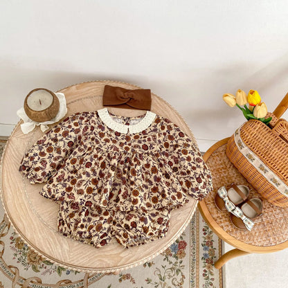 -ベビーキッズセットアップ 2点セット レース襟シックフラワープリント長袖チュニックブラウス+バルーンショートパンツ【mh0007435】 - mamahalo shop - 長袖セットアップ -  べビー服 - 子供服 - 男の子 - 女の子