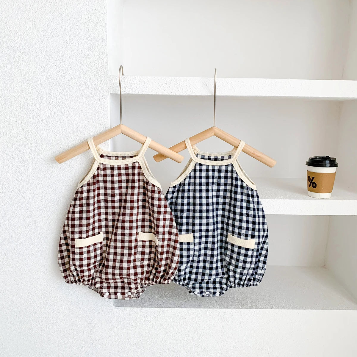 -☺︎ ベビーロンパース キャミソールポケットボディースーツ チェック 2カラー - mamahalo shop - ノースリーブロンパース -  べビー服 - 子供服 - 男の子 - 女の子