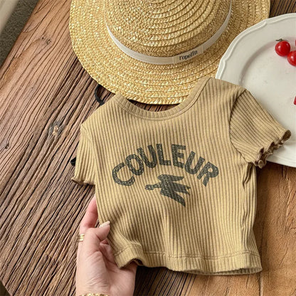 -キッズトップス 半袖リブTシャツ レターロゴプリント 3カラー - mamahalo shop - 半袖Tシャツ -  べビー服 - 子供服 - 男の子 - 女の子