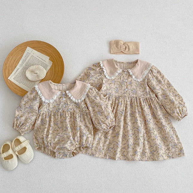 4481 Buy 2pcs Wholesale Sister Clothes 2024 Autumn New Floral Baby Girl's One Piece Clothes Lace Doll Collar Princess Dress - mamahalo shop - 長袖ロンパース -  べビー服 - 子供服 - 男の子 - 女の子