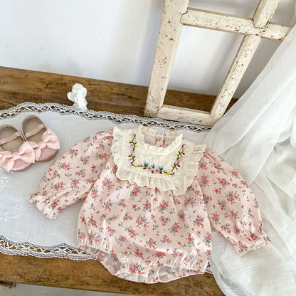 -ベビーロンパース フラワープリント刺繍長袖ボディスーツ ピンク【mh0007383】 - mamahalo shop - 長袖ロンパース -  べビー服 - 子供服 - 男の子 - 女の子