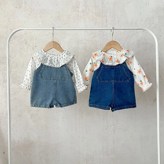 -ベビーサロペット 長袖Tシャツ デニムサスペンダーパンツ オーバーオール フリル長袖ブラウス - mamahalo shop - サロペットパンツ・サスペンダーパンツ -  べビー服 - 子供服 - 男の子 - 女の子