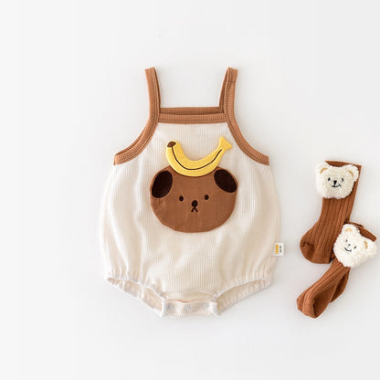 -ベビー ワッフル くま ベア バナナ キャミソール ロンパース ベージュ コーヒーブラウン ユニセックス【mh0002043】 - mamahalo shop - ノースリーブロンパース -  べビー服 - 子供服 - 男の子 - 女の子
