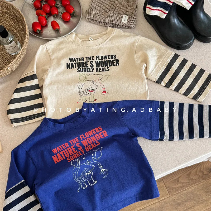 -キッズトップス 長袖ドッキングTシャツ 象エレファントプリント ボーダー袖 2カラー - mamahalo shop - 長袖Tシャツ -  べビー服 - 子供服 - 男の子 - 女の子