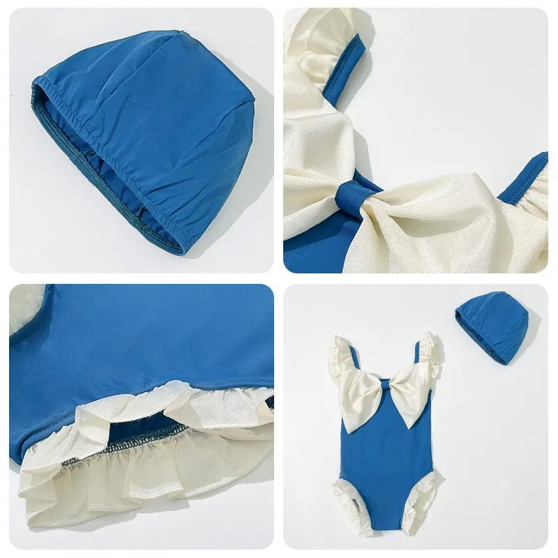 -キッズ水着 ガールズ ワンピース+帽子セット ビッグリボン スイムウェア 2カラー【mh0005977】 - mamahalo shop - ベビー用水着 -  べビー服 - 子供服 - 男の子 - 女の子