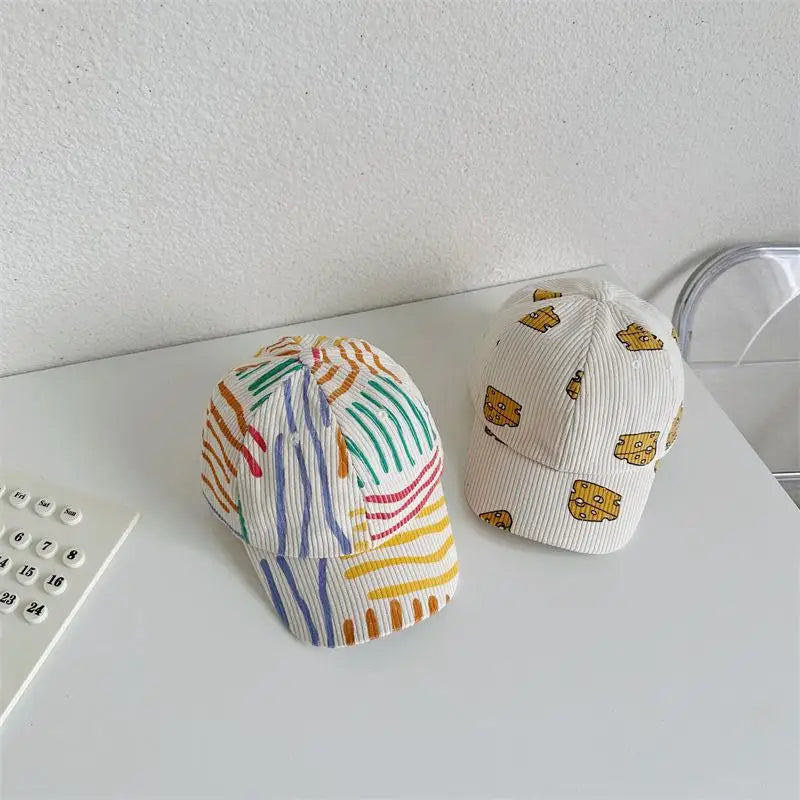 -キッズ帽子 キャップ バケットハット 野球帽 コーデュロイ チーズ/カラフルストライプ【mh0006330】 - mamahalo shop - ベビー用帽子 -  べビー服 - 子供服 - 男の子 - 女の子