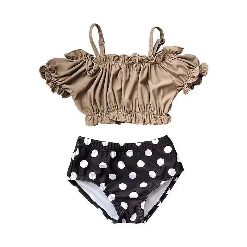 -キッズ水着 帽子セット セパレート ビキニ タンキニ オフショルダー レトロ 水玉ドット フラワー花柄 ガールズ スイムウェア【mh0005135】 - mamahalo shop - ベビー用水着 -  べビー服 - 子供服 - 男の子 - 女の子
