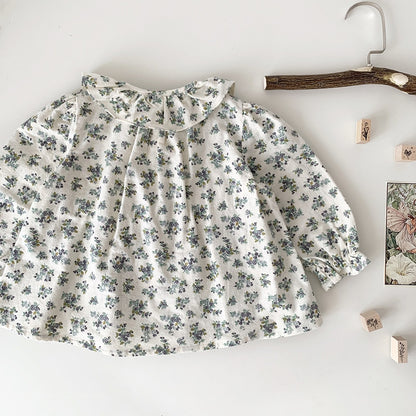 -ベビー キッズ フリル フラワー 花柄 ピンタック 長袖 チュニック ブラウス シャツ ガールズ - mamahalo shop - 長袖シャツ・ブラウス -  べビー服 - 子供服 - 男の子 - 女の子