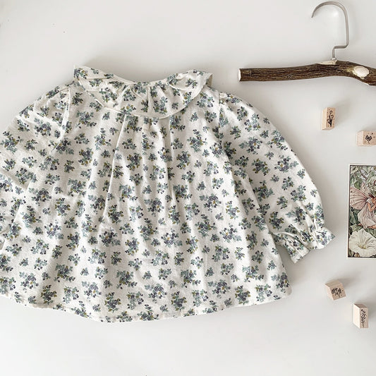 -ベビー キッズ フリル フラワー 花柄 ピンタック 長袖 チュニック ブラウス シャツ ガールズ - mamahalo shop - 長袖シャツ・ブラウス -  べビー服 - 子供服 - 男の子 - 女の子