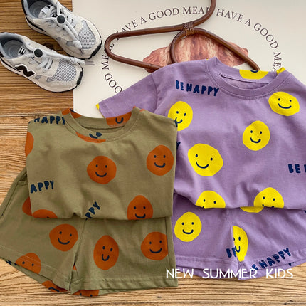 キッズ スマイル セットアップ 半袖 ルーズ Tシャツ ハーフパンツ - mamahalo shop - 半袖セットアップ - ベビー服 - 子供服 - 男の子 - 女の子