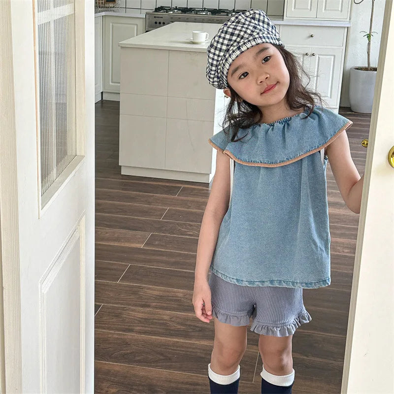 -キッズトップス デニム ビッグサークル襟 ノースリーブブラウス 2カラー【mh0005437】 - mamahalo shop - タンクトップ・キャミソール・ノースリーブトップス -  べビー服 - 子供服 - 男の子 - 女の子