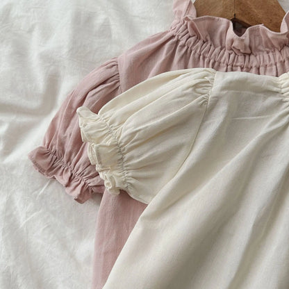 -ベビートップス 半袖パフスリーブ スタンドフリルカラーブラウス どんぐり刺繍ワンポイント 2カラー - mamahalo shop - 半袖シャツ・ブラウス -  べビー服 - 子供服 - 男の子 - 女の子