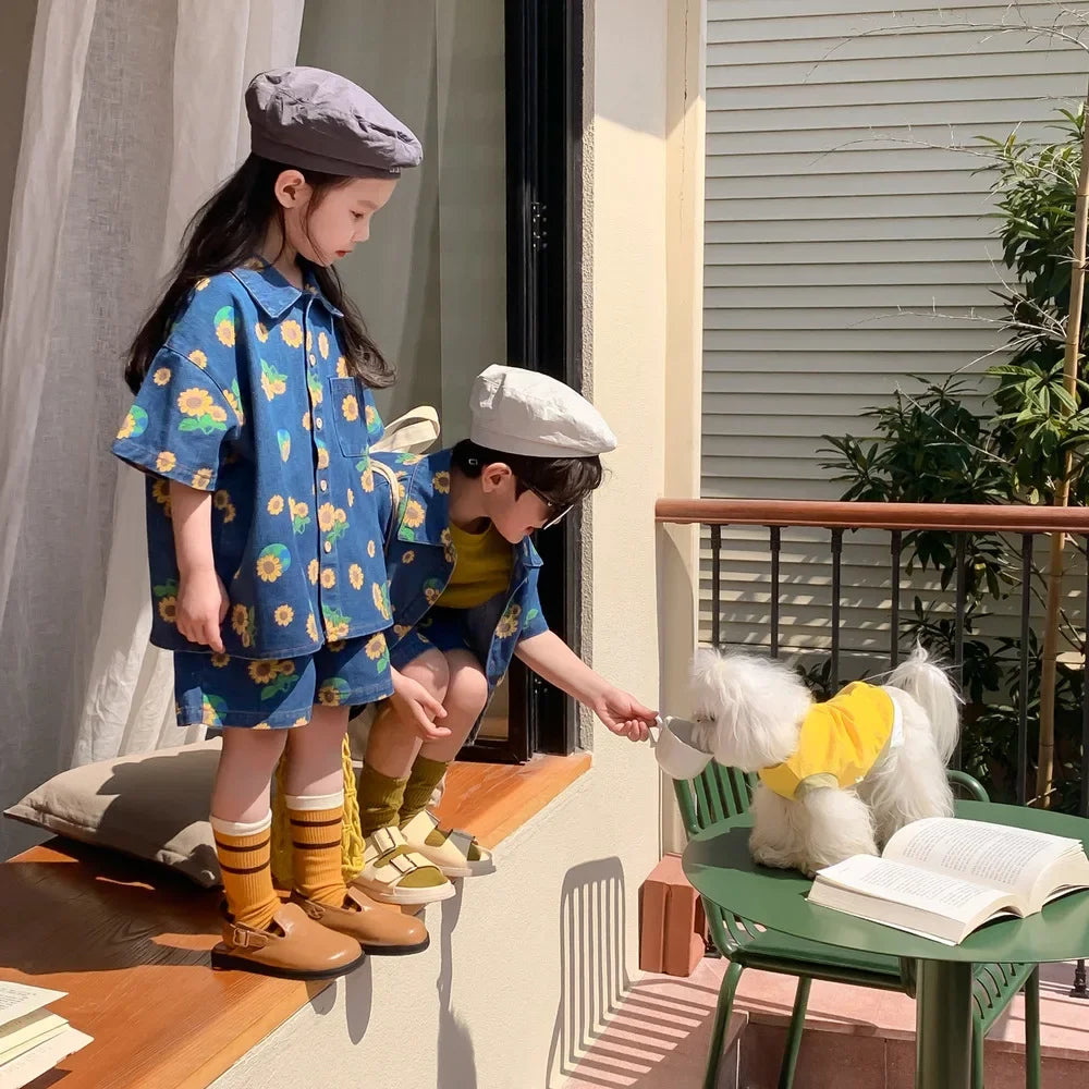 -☺︎ キッズセットアップ 2点セット デニム ひまわりプリント 半袖シャツ+ショートパンツ - mamahalo shop - 半袖セットアップ -  べビー服 - 子供服 - 男の子 - 女の子