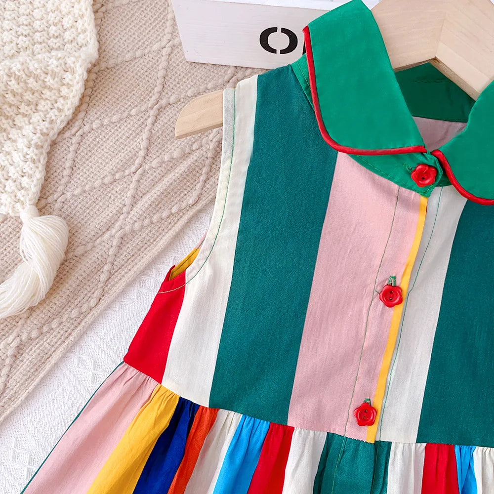 -キッズワンピース 襟付きノースリーブブラウスワンピース カラフルストライプ【mh0004541】 - mamahalo shop - ノースリーブワンピース -  べビー服 - 子供服 - 男の子 - 女の子