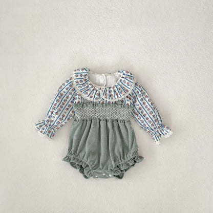 -ベビーロンパース フラワープリントブラウスドッキングサスペンダーボディスーツ - mamahalo shop - 長袖ロンパース -  べビー服 - 子供服 - 男の子 - 女の子