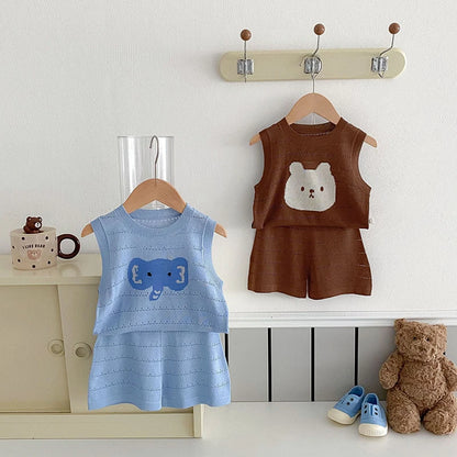 -キッズセットアップ 2点セット ニットノースリーブベストトップス+ショートパンツ アニマル刺繍 2カラー - mamahalo shop - ノースリーブセットアップ -  べビー服 - 子供服 - 男の子 - 女の子
