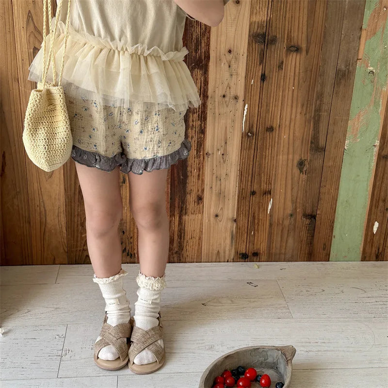 -キッズパンツ フリルショートパンツ フラワー小花柄プリント レトロ 2カラー - mamahalo shop - ハーフパンツ・ショートパンツ -  べビー服 - 子供服 - 男の子 - 女の子