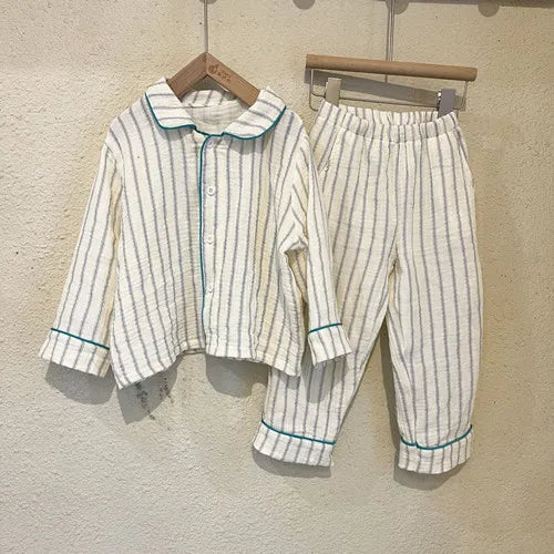 -キッズパジャマ 長袖パジャマセット 長袖ブラウス ロングパンツ ストライプ フラワー花柄プリント【mh0003665】 - mamahalo shop - 長袖パジャマ -  べビー服 - 子供服 - 男の子 - 女の子