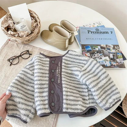 -キッズ フリースジャケット アウター ショートコート ボーダー グレー ブルー 2カラー ユニセックス 男の子 女の子 子供服 - mamahalo shop - ショートコート・ジャケット・ジャンパー -  べビー服 - 子供服 - 男の子 - 女の子