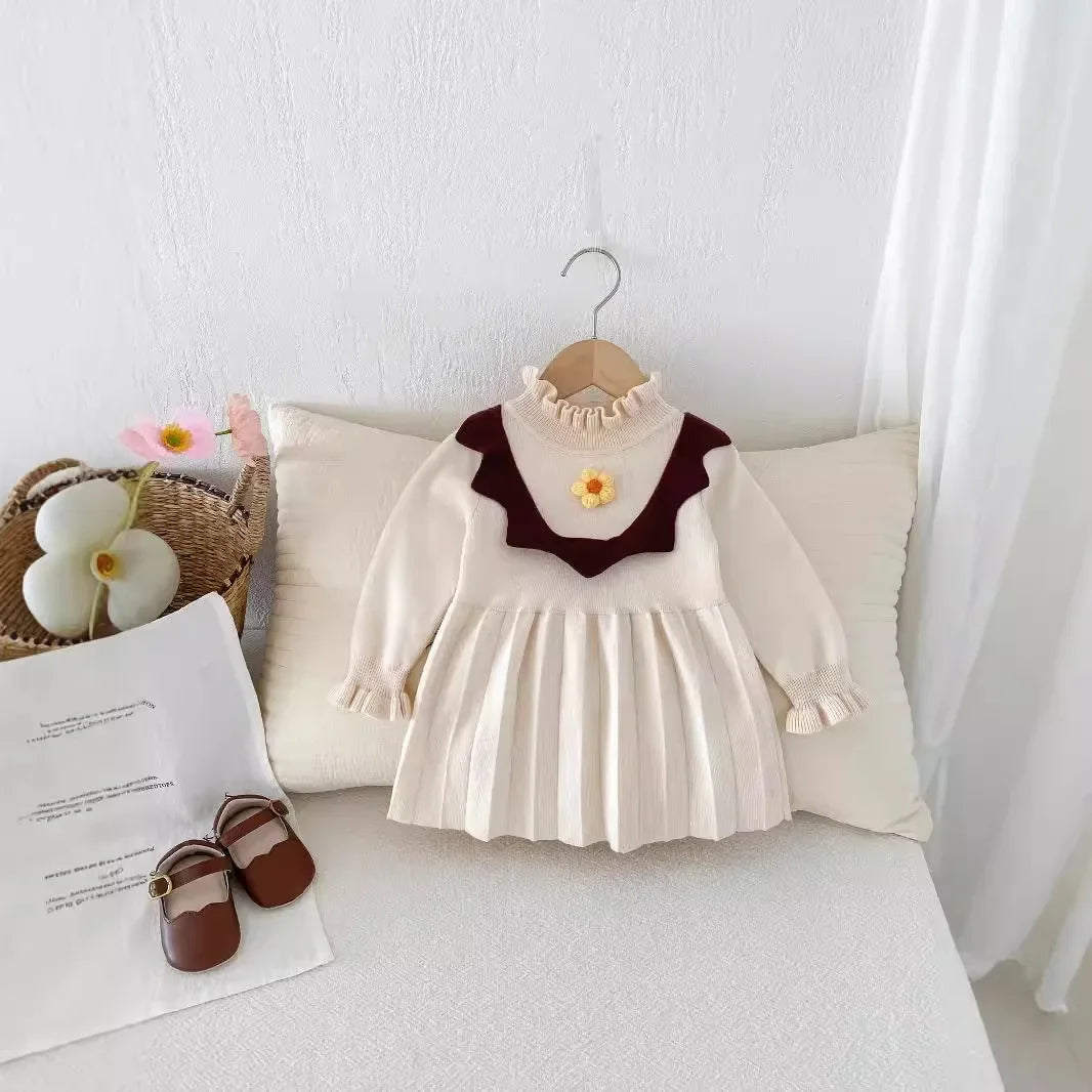 -ベビーキッズワンピース ニットフラワー長袖ワンピース 2カラー - mamahalo shop - 長袖ワンピース -  べビー服 - 子供服 - 男の子 - 女の子