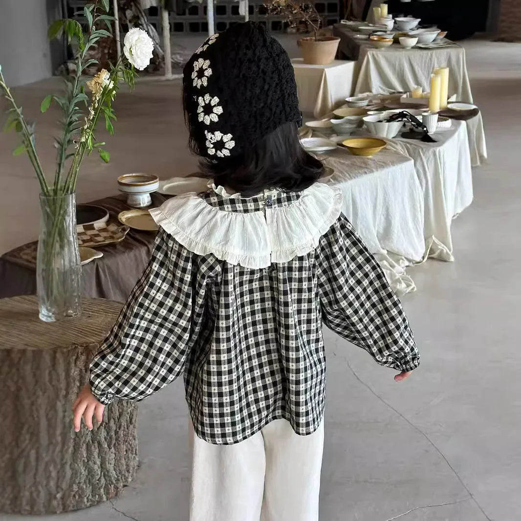 -キッズトップス ラッフル襟チェック長袖チュニックブラウス【mh0007319】 - mamahalo shop - 長袖シャツ・ブラウス -  べビー服 - 子供服 - 男の子 - 女の子