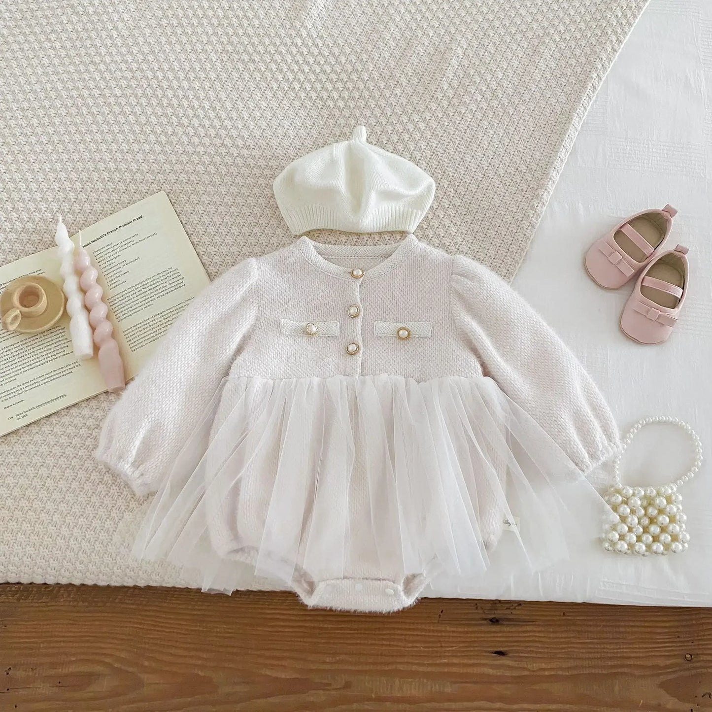 -ベビーロンパース パールボタンジャケット風チュチュスカートドッキング長袖ドレスボディスーツ 2カラー - mamahalo shop - 長袖ロンパース -  べビー服 - 子供服 - 男の子 - 女の子