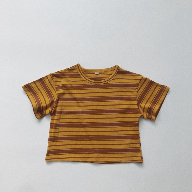 -キッズ レトロ ボーダー 半袖 Tシャツ トップス イエロー ブラック グリーン ボーイズ - mamahalo shop - 半袖Tシャツ -  べビー服 - 子供服 - 男の子 - 女の子