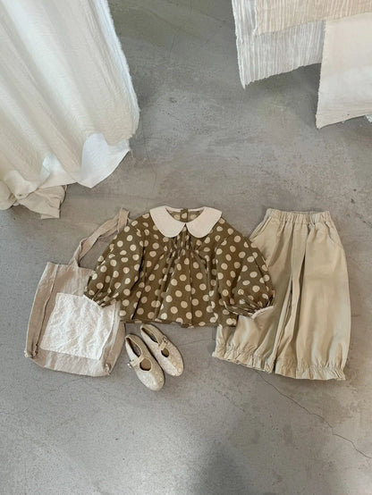 -キッズトップス/パンツ ポルカドット水玉プリント長袖チュニックブラウス/フリルワイドルーズパンツ - mamahalo shop - 長袖セットアップ -  べビー服 - 子供服 - 男の子 - 女の子