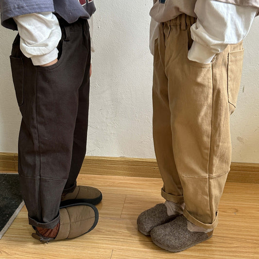 -キッズ シンプル ベーシック ロング ストレート パンツ カーキ ダークグレー ボーイズ【mh0002447】 - mamahalo shop - ロングパンツ・スウェットパンツ -  べビー服 - 子供服 - 男の子 - 女の子