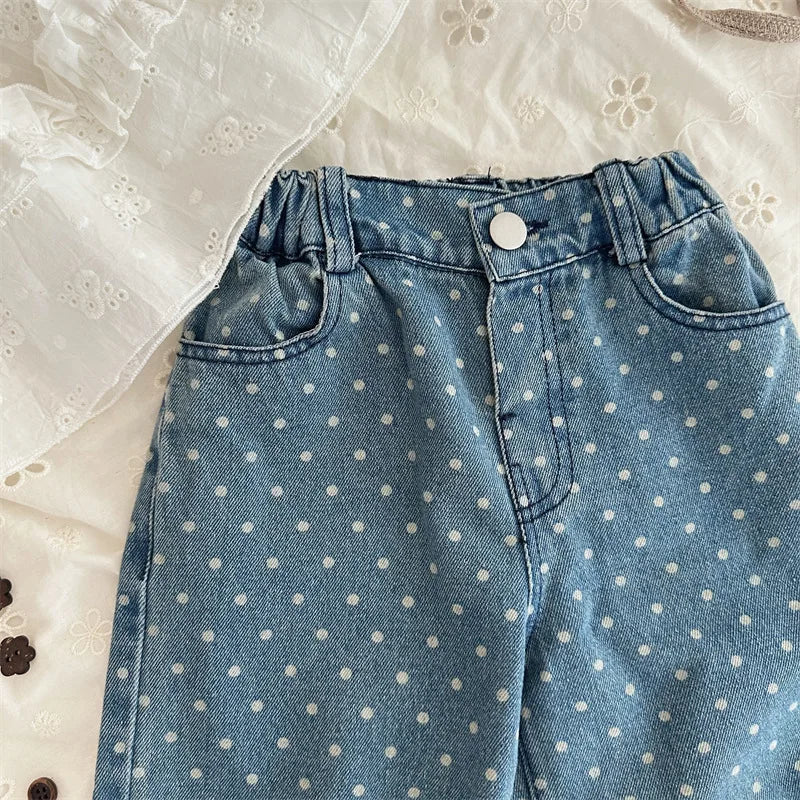 -キッズパンツ 水玉ドットワイドルーズデニムパンツ ジーンズジーパン - mamahalo shop - デニムパンツ -  べビー服 - 子供服 - 男の子 - 女の子