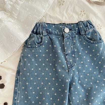 -キッズパンツ 水玉ドットワイドルーズデニムパンツ ジーンズジーパン - mamahalo shop - デニムパンツ -  べビー服 - 子供服 - 男の子 - 女の子
