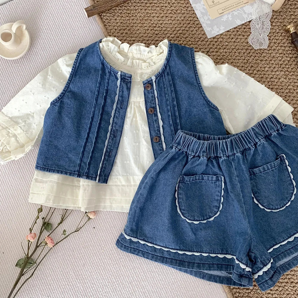 -ベビーキッズセットアップ 2点セット デニム ノースリーブベストブラウス+ショートパンツ キュロットパンツ 2カラー - mamahalo shop - ノースリーブセットアップ -  べビー服 - 子供服 - 男の子 - 女の子